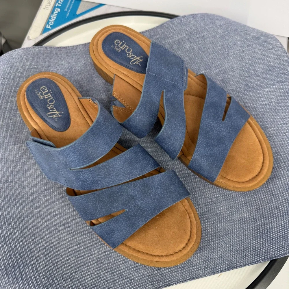 Eurosoft Nadine Blue Suede Slide Sandals Womens 8.5 Criss Cross Leather Slip On